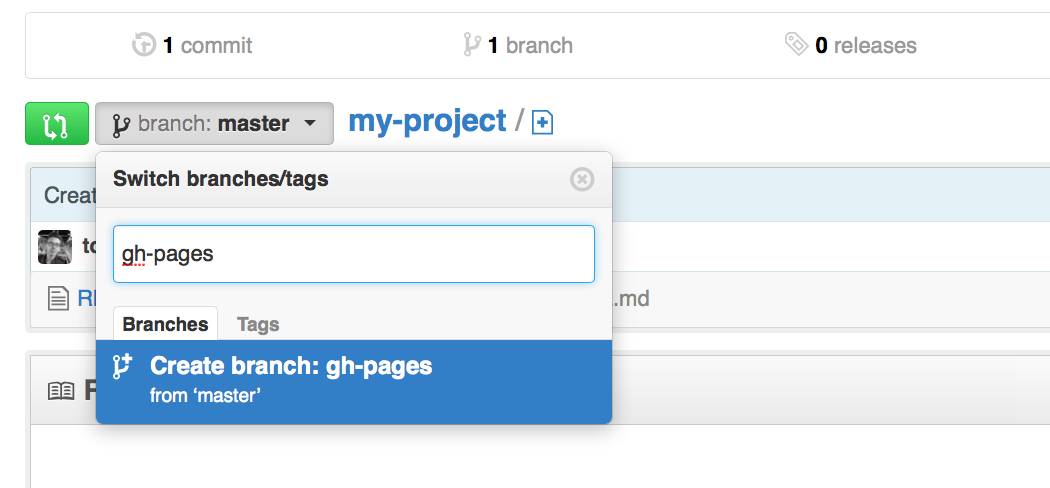 Gh pages. Create Branch tag. GITHUB Pages button.